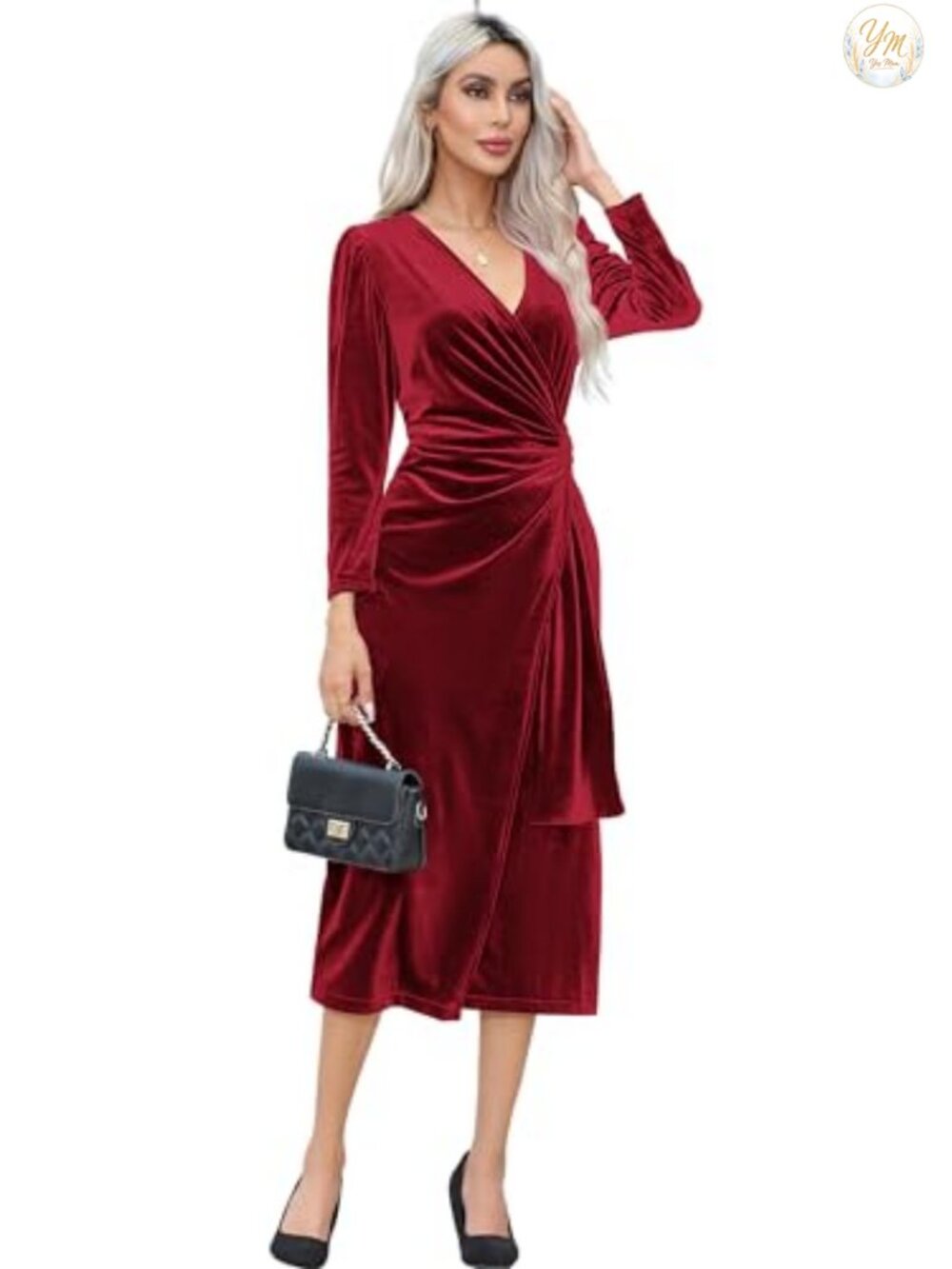 Velvet Wrap Midi Dress Long Sleeve V Neck Pleated Waist Wedding Guest